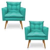 Kit 2 Poltronas Olivia Suede Azul Turquesa Pés Palito Castanho - Pallazio
