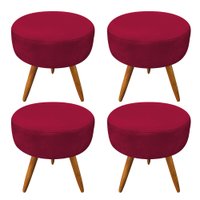 Kit 4 Puffs Banqueta Redonda Nina Suede Vermelho Pés Palito Castanho - Pallazio
