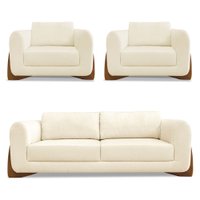 Kit 2 Poltronas e Sofá Living 2 Lugares 1,60m Lottus Linho Bege Pés Castanho - Pallazio