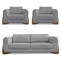 Kit 2 Poltronas e Sofá Living 2 Lugares 1,80m Lottus Linho Grafite Pés Castanho - Pallazio
