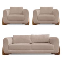 Kit 2 Poltronas e Sofá Living 2 Lugares 1,60m Lottus Linho Areia Pés Castanho - Pallazio