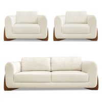 Kit 2 Poltronas e Sofá Living 2 Lugares 1,60m Lottus Linho Natural Pés Castanho - Pallazio