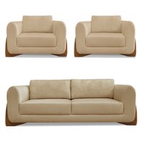 Kit 2 Poltronas e Sofá Living 2 Lugares 1,60m Lottus Linho Dourado Pés Castanho - Pallazio