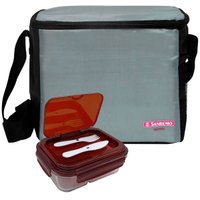 Kit Bolsa Térmica 8L Marmita de Vidro Hermética Vermelha 1L com Divisória Talheres Sanremo Cinza