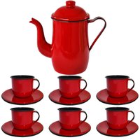 Kit Bule De Café E Chá Com 6 Xícaras e Pires Aço Esmaltado Vermelho