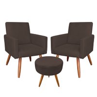 Kit 2 Poltronas e Puff Banqueta Redonda Nina Suede Pés Palito Castanho Pallazio - Marrom