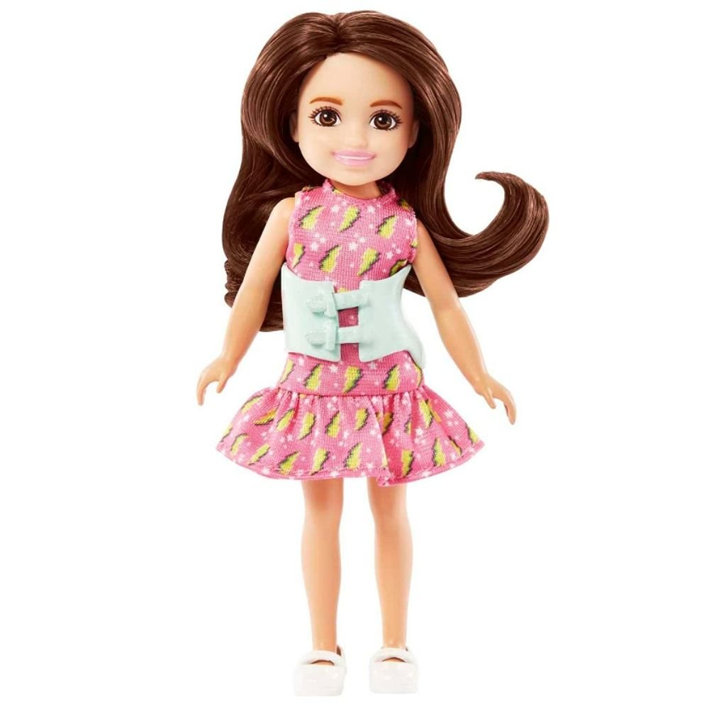 Boneca Barbie Chelsea 14 cm Morena Vestido Rel mpago Colete