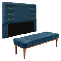 Kit Cabeceira e Calçadeira Recamier Queen 1,60m Gênova Veludo Azul Marinho - Pallazio