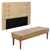Kit Cabeceira e Calçadeira Recamier Queen 1,60m Gênova Suede Bege - Pallazio