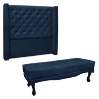 Kit Cabeceira e Calçadeira Recamier Queen 1,60m Vicenza Suede Azul Marinho - Pallazio