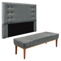 Kit Cabeceira e Calçadeira Recamier Queen 1,60m Gênova Veludo Cinza Grafite - Pallazio
