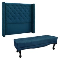 Kit Cabeceira e Calçadeira Recamier Queen 1,60m Vicenza Veludo Azul Marinho - Pallazio