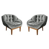 Kit 2 Poltronas Decorativa Marcela Veludo Cinza Base Madeira Castanho - Pallazio