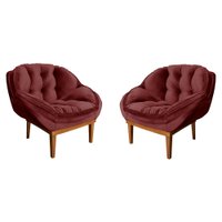 Kit 2 Poltronas Decorativa Marcela Veludo Marsala Base Madeira Castanho - Pallazio