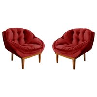 Kit 2 Poltronas Decorativa Marcela Veludo Vermelho Base Madeira Castanho - Pallazio