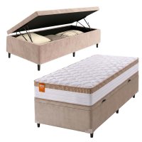 Cama Box Baú Solteiro Colchão Molas Ensacadas Real 88x188x68cm Branco / Bege - Suporta até 130Kg