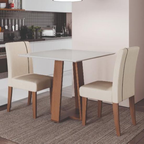 Conjunto de Mesa Sala de Jantar Atenas com 2 Cadeiras Carvalho/Off White/Bege 0,90m Quadrada Dobuê