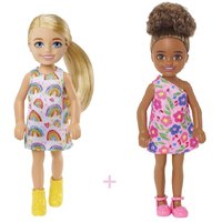 Conjunto de Bonecas Barbie Chelsea 14 cm Loira Vestido Arco-Íris e Morena Vestido Ombro Flores - Mattel