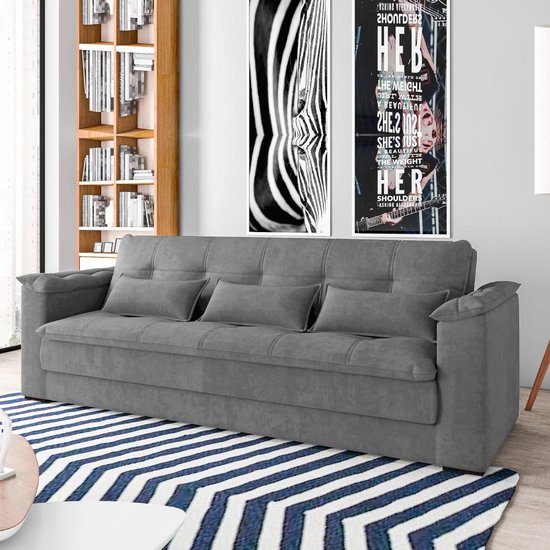 Sofá-cama Reclinável 3 Lugares Maria Suede Cinza