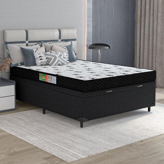 Cama Box Com Baú Casal Colchão Espuma 138x188x53cm Polar Branco / Preto