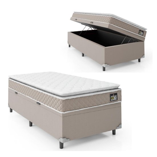 Cama Box Baú Solteiro Colchão D45 com Pillow Top Hellen Strong Bege 88x188x65cm Suporta até 150kg por Pessoa