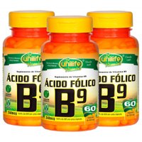 Vitamina B9 Ácido Fólico 60 cápsulas de 500mg Kit com 3