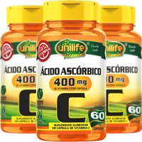 Vitamina C Ácido Ascórbico Vegana 60 cápsulas Kit com 3