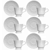 Conjunto 6 Xícaras de Chá com Pires 80ml Porcelana em Relevo Tassel Germer Branco