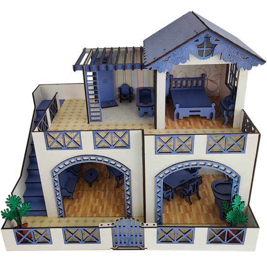 Casinha de Bonecas Infantil em Madeira MDF Casa de Brinquedo 2 Andares com 22 Móveis Sulartes Azul