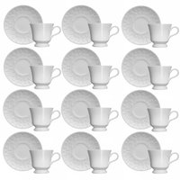 Conjunto 12 Xícaras de Chá com Pires 80ml Porcelana em Relevo Tassel Germer Branco
