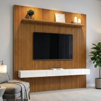 Painel  Para Tv Até 75 Polegadas Ripado Impressão 3D Egeo Com Nicho 2,25m Cedro Off White EDN