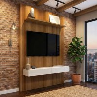 Painel Para Tv Até 55 Polegadas Ripado Impressão 3D Egeo Com Nicho 1,35m Cedro Off White EDN