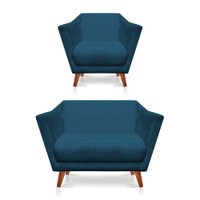 Kit Poltrona e Namoradeira Pérsia Suede Azul Marinho Pés Chanfrado Castanho - Pallazio