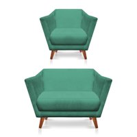 Kit Poltrona e Namoradeira Pérsia Suede Azul Turquesa Pés Chanfrado Castanho - Pallazio