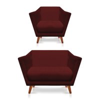 Kit Poltrona e Namoradeira Pérsia Suede Marsala Pés Chanfrado Castanho - Pallazio