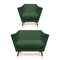 Kit Poltrona e Namoradeira Pérsia Suede Verde Pés Chanfrado Castanho - Pallazio