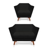 Kit Poltrona e Namoradeira Pérsia Suede Preto Pés Chanfrado Castanho - Pallazio