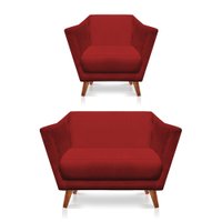 Kit Poltrona e Namoradeira Pérsia Suede Vermelho Pés Chanfrado Castanho - Pallazio