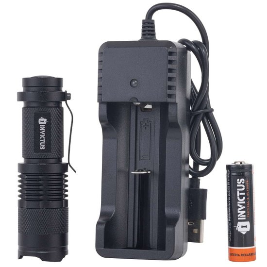 Lanterna Tática Invictus Pequena 140 Lúmens Recarregável USB Attack R3 Potente Compacta Preta