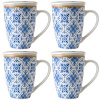 Jogo 4 Xícaras de Chá Porcelana Branca com Tampa e Infusor Inox 310ml Lisboa Lyor Azul