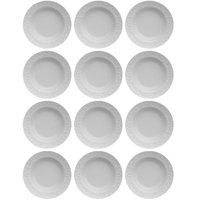 Jogo 12 Pratos Fundos Redondos 23,5cm em Porcelana com Relevo Tassel Germer Branco Restaurante Hotel