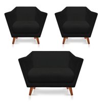 Kit 2 Poltronas e Namoradeira Pérsia Suede Preto Pés Chanfrado Castanho - Pallazio