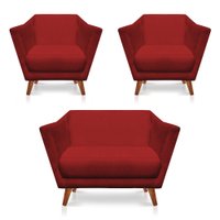 Kit 2 Poltronas e Namoradeira Pérsia Suede Vermelho Pés Chanfrado Castanho - Pallazio