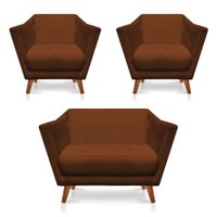 Kit 2 Poltronas e Namoradeira Pérsia Suede Terracota Pés Chanfrado Castanho - Pallazio