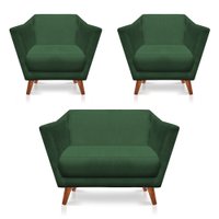 Kit 2 Poltronas e Namoradeira Pérsia Suede Verde Pés Chanfrado Castanho - Pallazio