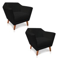 Kit 2 Poltronas Decorativa Pérsia Suede Preto Pés Chanfrado Castanho - Pallazio