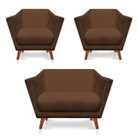 Kit 2 Poltronas e Namoradeira Pérsia Suede Marrom Pés Chanfrado Castanho - Pallazio