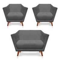 Kit 2 Poltronas e Namoradeira Pérsia Suede Grafite Pés Chanfrado Castanho - Pallazio