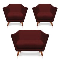 Kit 2 Poltronas e Namoradeira Pérsia Suede Marsala Pés Chanfrado Castanho - Pallazio