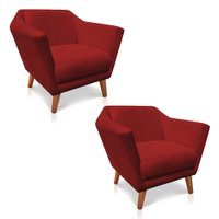 Kit 2 Poltronas Decorativa Pérsia Suede Vermelho Pés Chanfrado Castanho - Pallazio